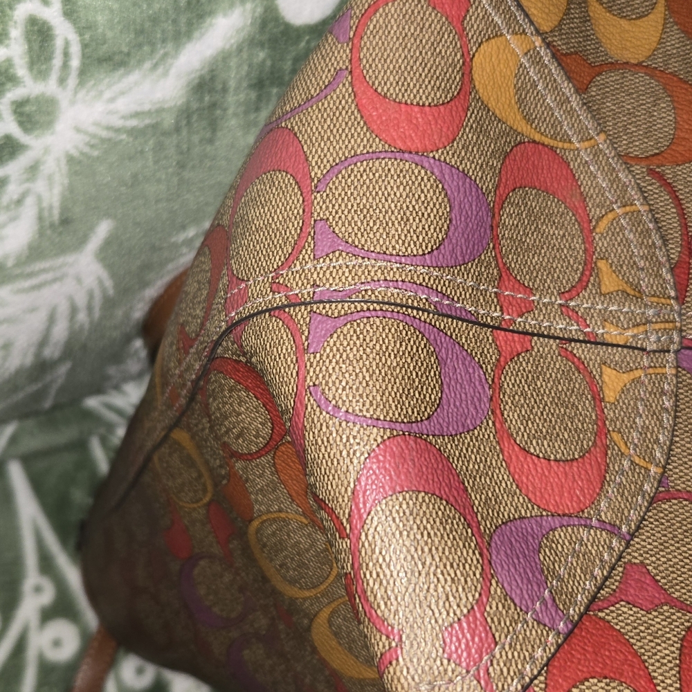 COACH SIGNATURE C CITY TOTE IN PINK, ORANGE, AND PURPLE WITH BROWN BACKGROUND - Picture 5 of 7
